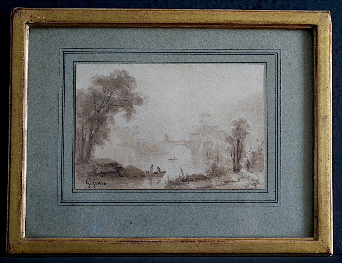 Dessin Lavis signé à identifier paysage  animé pont barques pêcheurs XIX ème siècle  RT1344