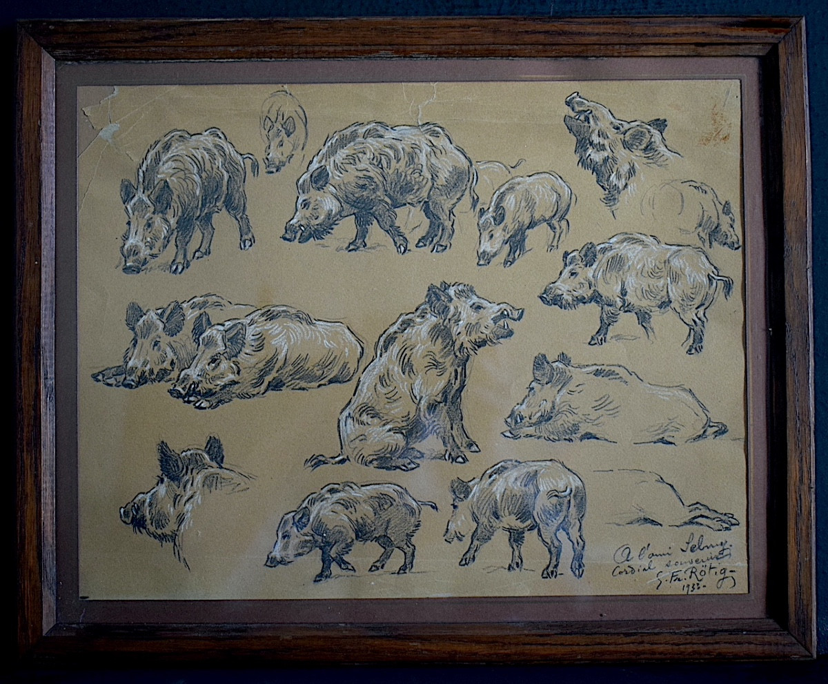 GEORGES-FRÉDÉRIC RÖTIG dessin animalier Étude de sangliers daté 1933 XX ème siècle RT1344