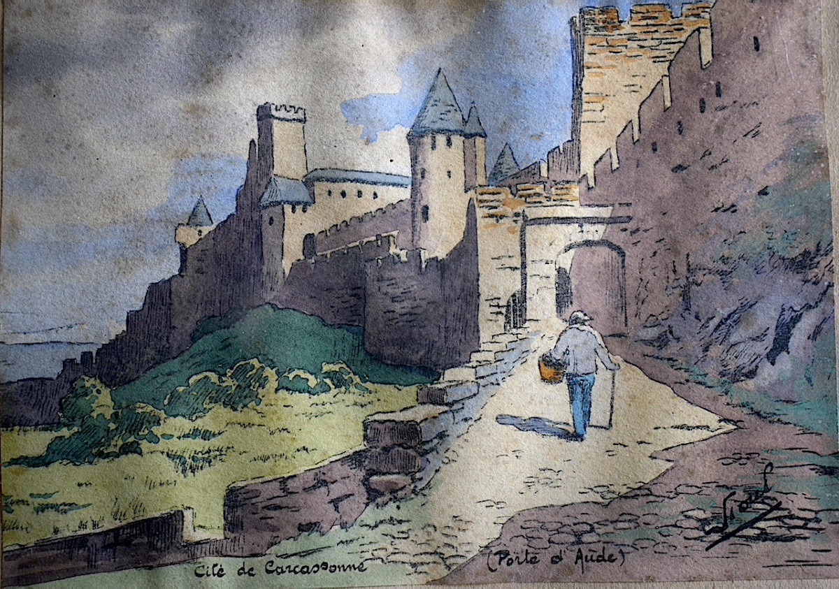 Aquarelle Cité de Carcassonne porte d'Aude signé à identifier début XX ème RT1348-photo-2