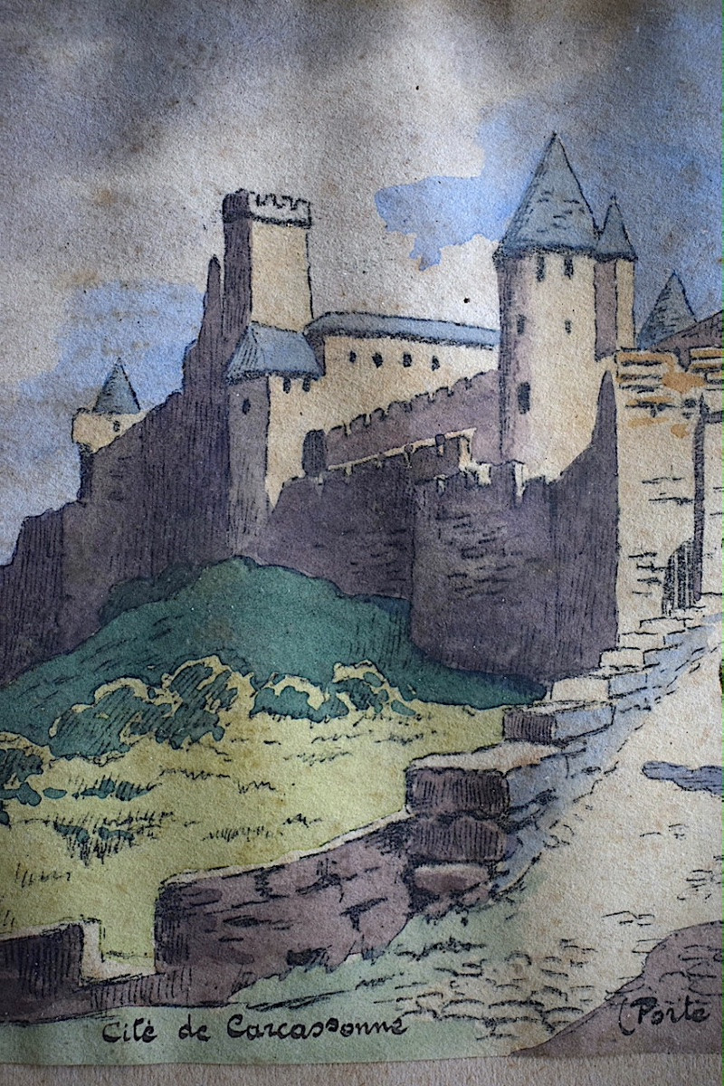 Aquarelle Cité de Carcassonne porte d'Aude signé à identifier début XX ème RT1348-photo-1