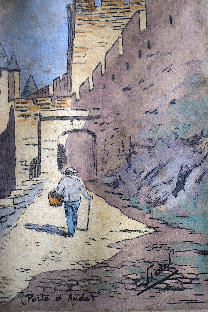 Aquarelle Cité de Carcassonne porte d'Aude signé à identifier début XX ème RT1348-photo-2