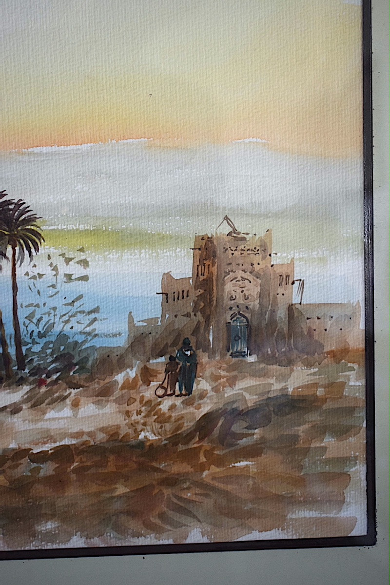 Watercolor Morocco Signed Majid Fartal Animated Landscape 20th Century Rt1349-photo-1