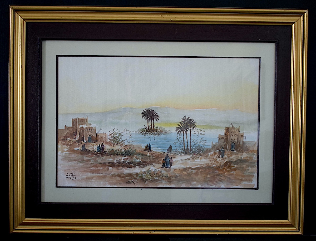 Watercolor Morocco Signed Majid Fartal Animated Landscape 20th Century Rt1349