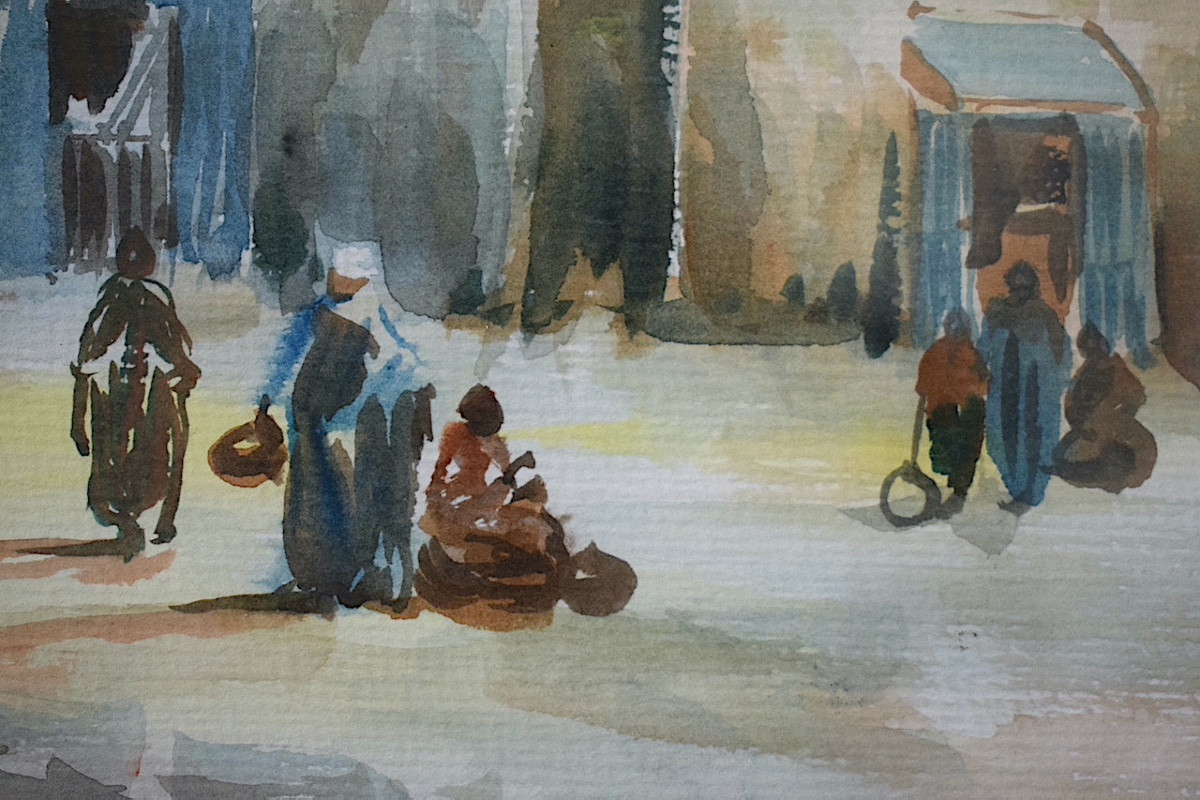 Watercolor Morocco Signed Majid Fartal Animated Landscape 20th Century Rt1350-photo-4