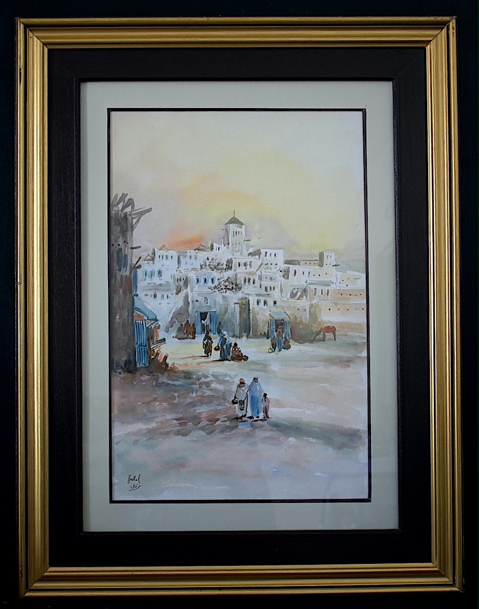Watercolor Morocco Signed Majid Fartal Animated Landscape 20th Century Rt1350