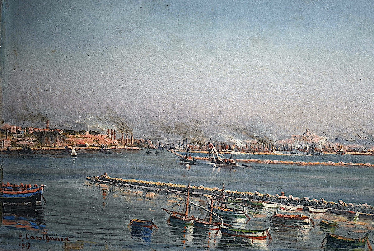 signé R CASSIGNARD daté 1917 marine port bateaux de pêche  XX ème RT1351-photo-2