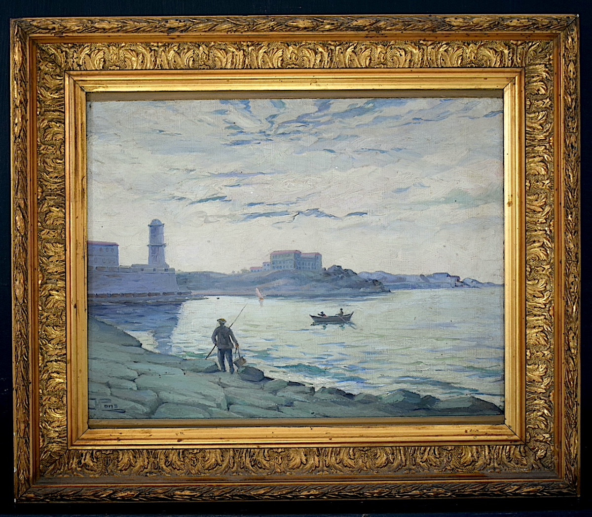 signé PARIS ou PONS vue de MARSEILLE marine pêcheurs bateaux XX ème siècle RT1361-photo-4