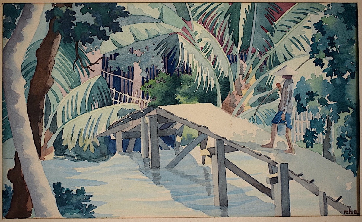Aquarelle Indochine Vietnam , paysage animé  signé NHA années 1950 XXème RT1370-photo-2