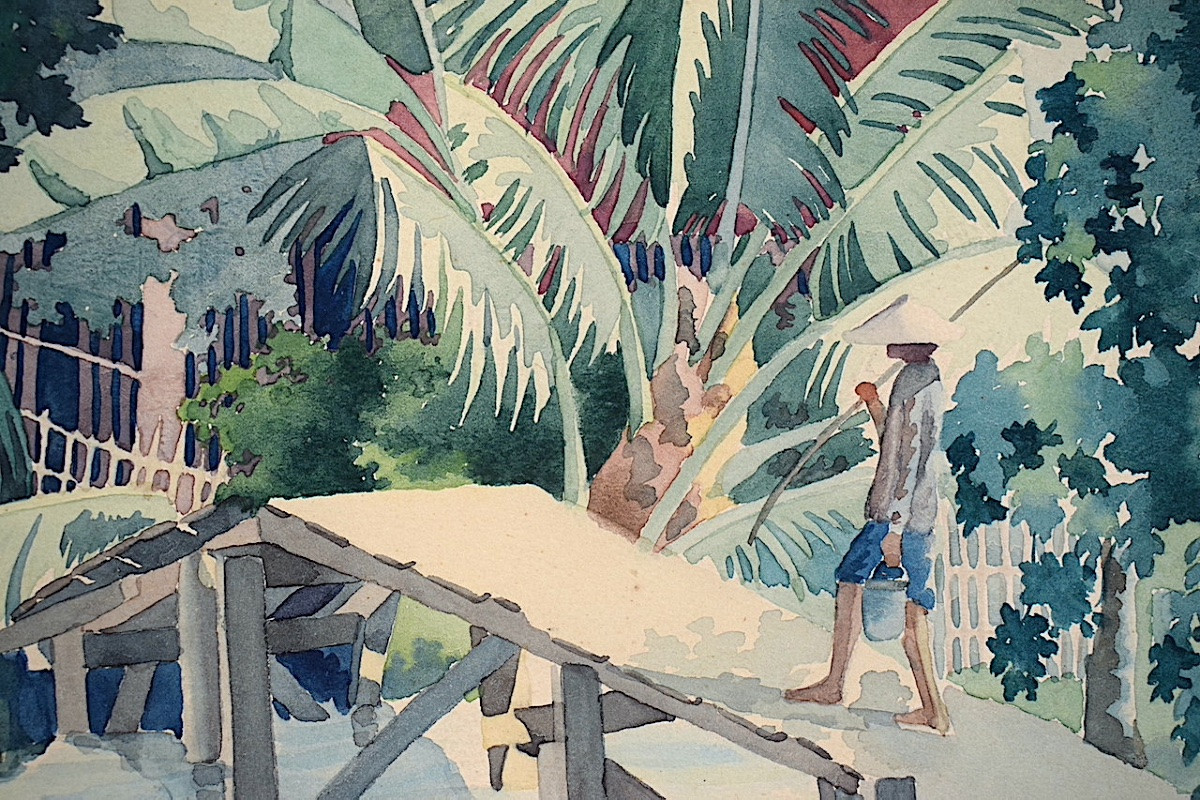 Aquarelle Indochine Vietnam , paysage animé  signé NHA années 1950 XXème RT1370-photo-3