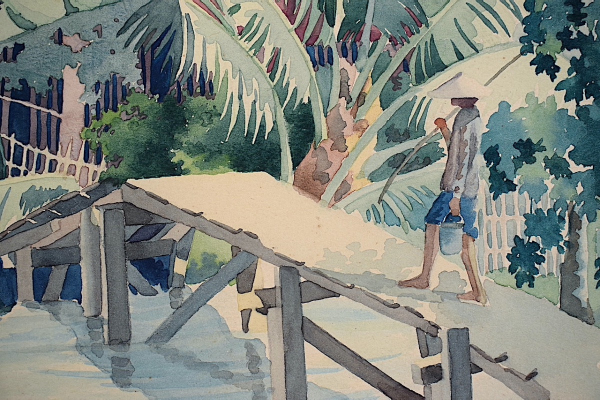 Aquarelle Indochine Vietnam , paysage animé  signé NHA années 1950 XXème RT1370-photo-4