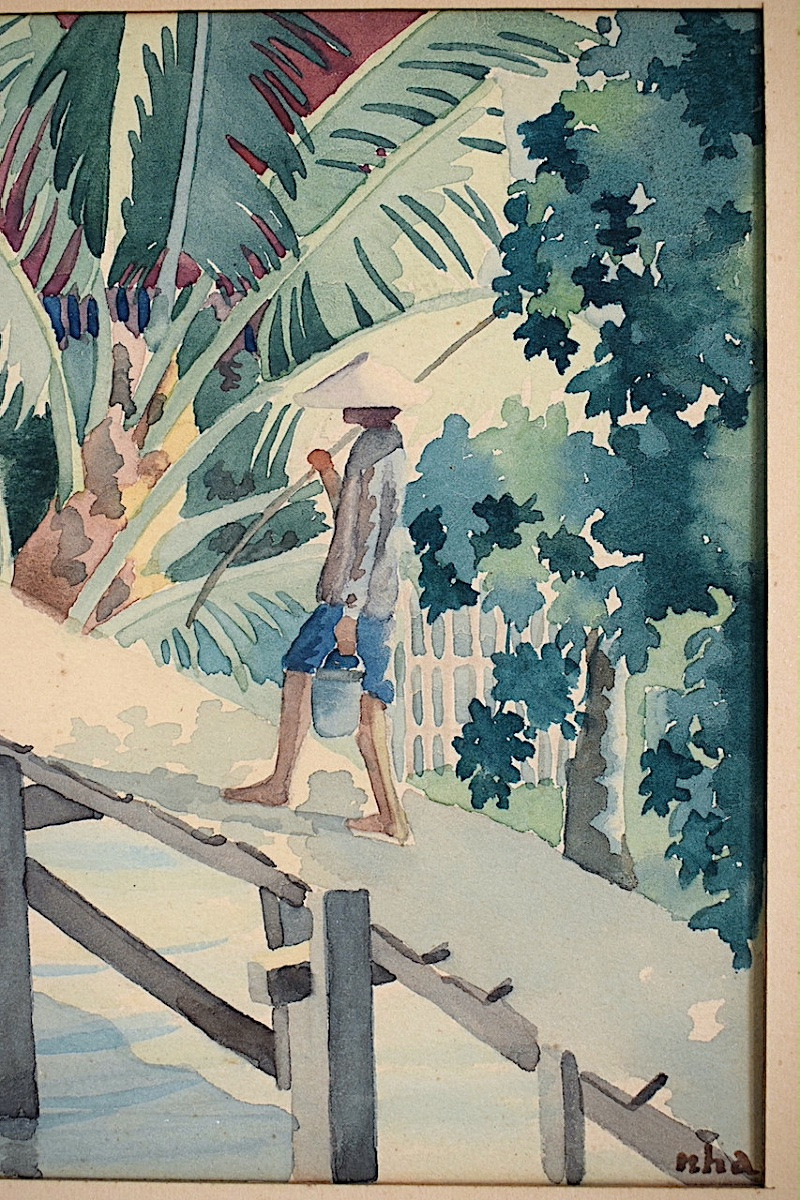 Aquarelle Indochine Vietnam , paysage animé  signé NHA années 1950 XXème RT1370-photo-1
