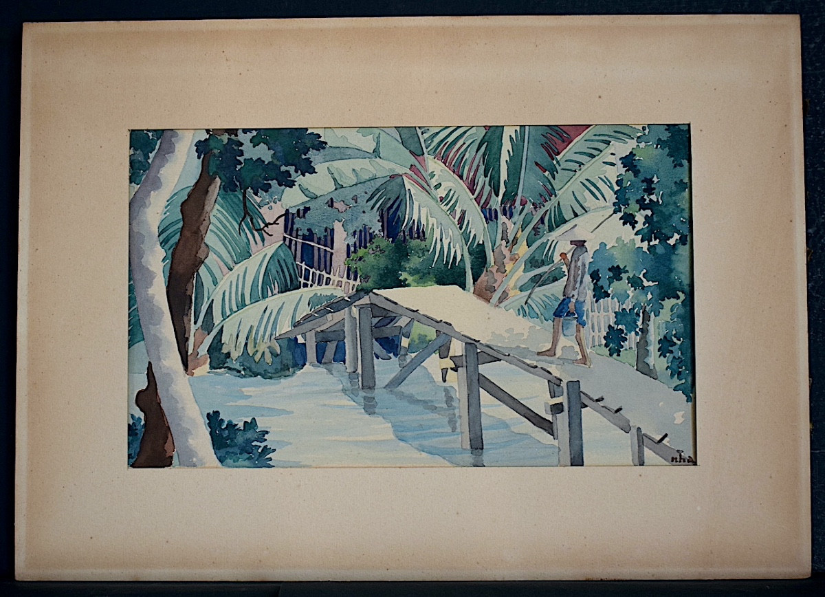 Aquarelle Indochine Vietnam , paysage animé  signé NHA années 1950 XXème RT1370-photo-6