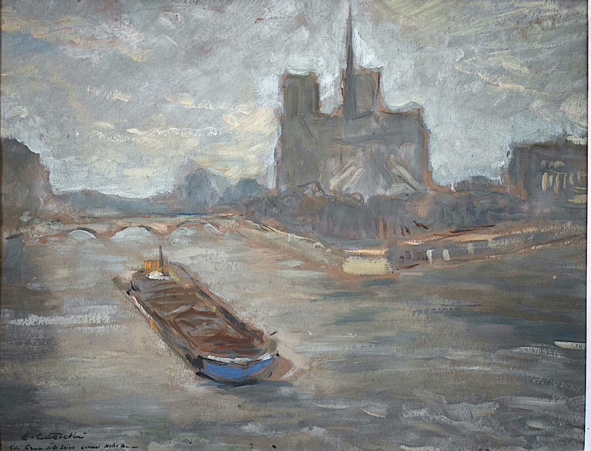 CLÉMENT CASTELLI  Paris  Notre Dame la Seine en crue année 1930 impressionniste RT1371-photo-2