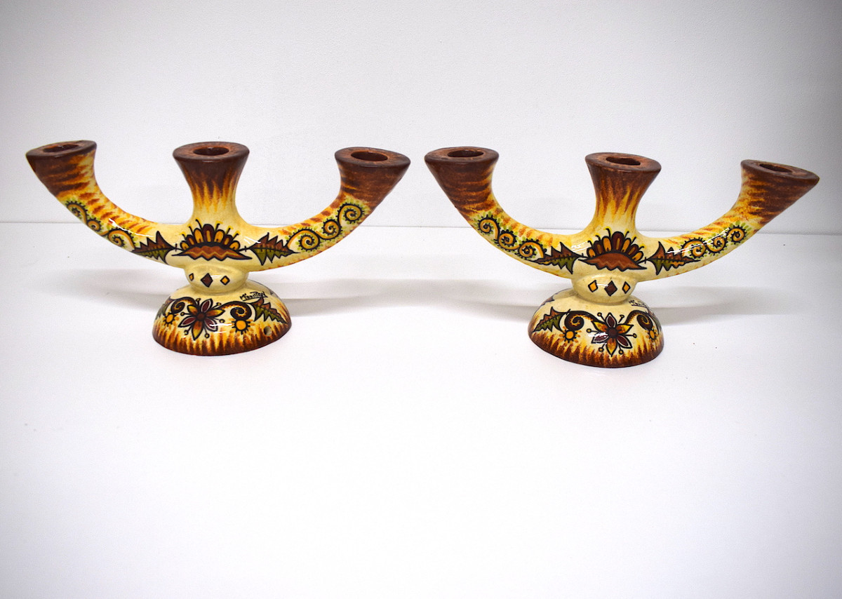 Paul FOUILLEN  Paire Bougeoir lampe  P. Fouillen Quimper 1940 1950 Bretagne REF1140 -photo-2