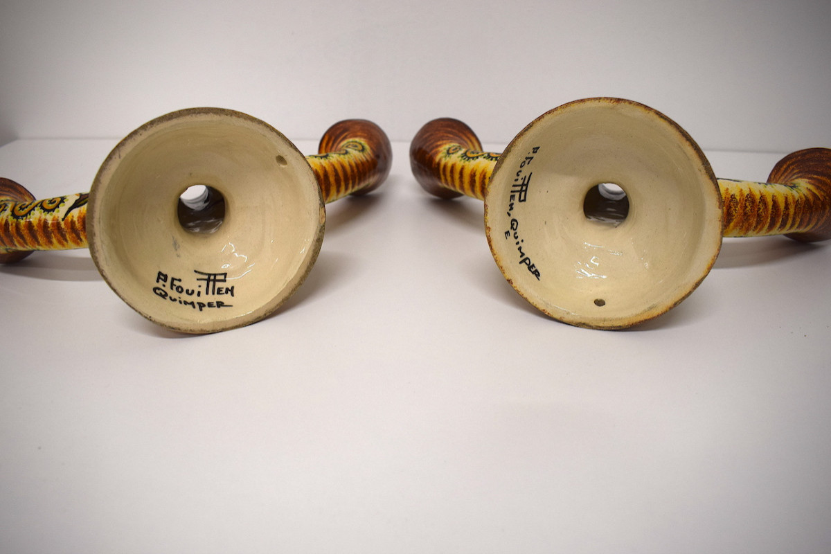 Paul FOUILLEN  Paire Bougeoir lampe  P. Fouillen Quimper 1940 1950 Bretagne REF1140 -photo-4