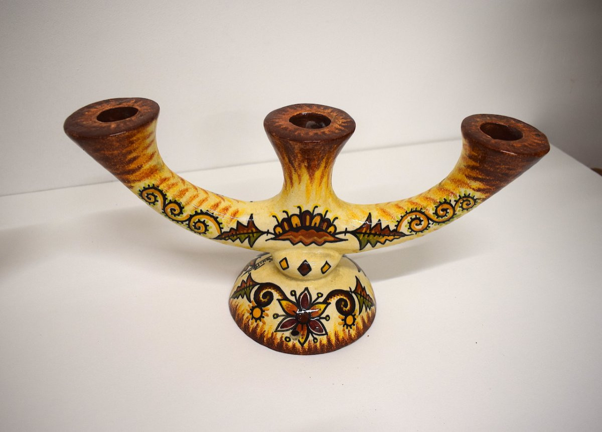 Paul FOUILLEN  Paire Bougeoir lampe  P. Fouillen Quimper 1940 1950 Bretagne REF1140 -photo-2