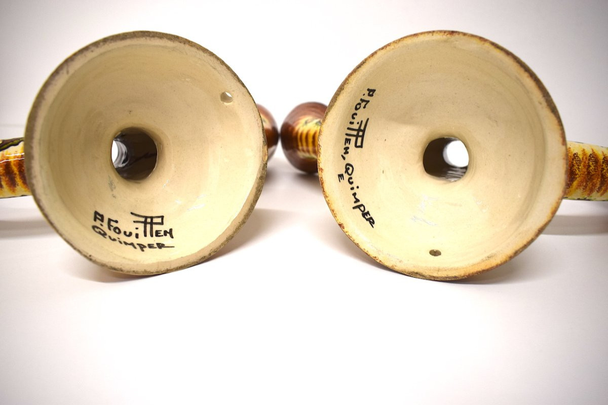 Paul FOUILLEN  Paire Bougeoir lampe  P. Fouillen Quimper 1940 1950 Bretagne REF1140 -photo-8