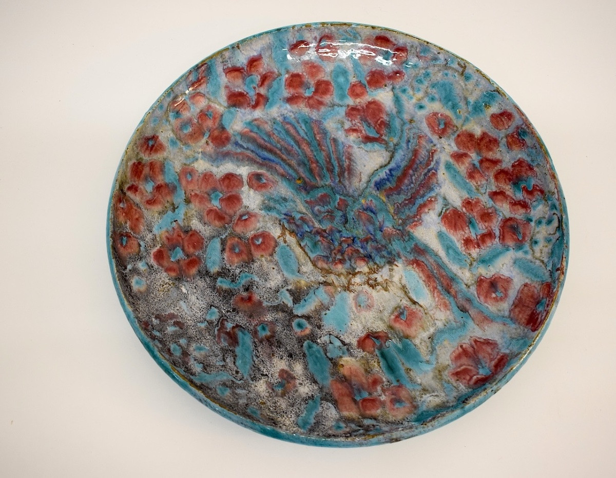 Plat Attribu&eacute; &agrave; Edouard Cazaux Fa&iuml;ence &eacute;maill&eacute;e d&eacute;cor d&#039;oiseau et fleurs ref1143-photo-2