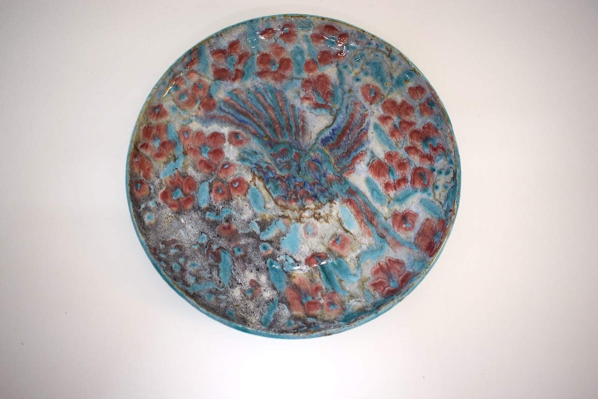 Plat Attribu&eacute; &agrave; Edouard Cazaux Fa&iuml;ence &eacute;maill&eacute;e d&eacute;cor d&#039;oiseau et fleurs ref1143-photo-3