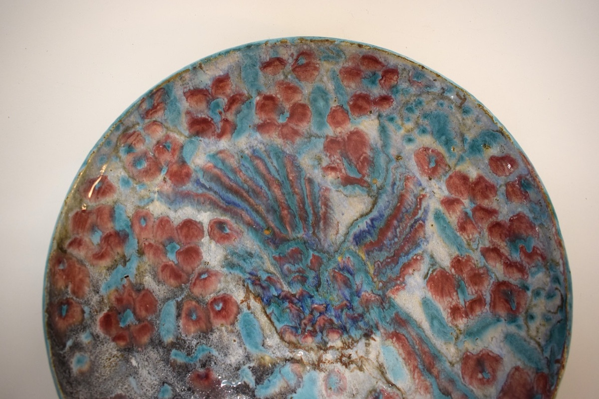 Plat Attribu&eacute; &agrave; Edouard Cazaux Fa&iuml;ence &eacute;maill&eacute;e d&eacute;cor d&#039;oiseau et fleurs ref1143-photo-4