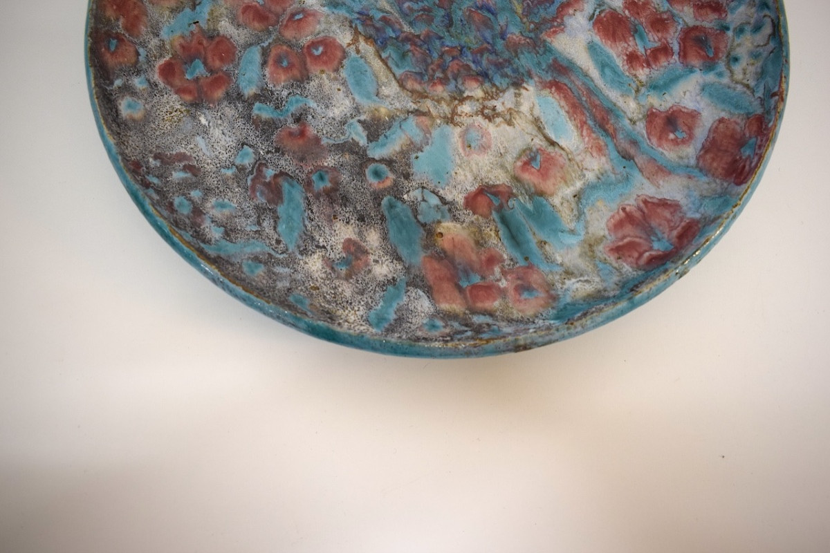 Plat Attribu&eacute; &agrave; Edouard Cazaux Fa&iuml;ence &eacute;maill&eacute;e d&eacute;cor d&#039;oiseau et fleurs ref1143-photo-1