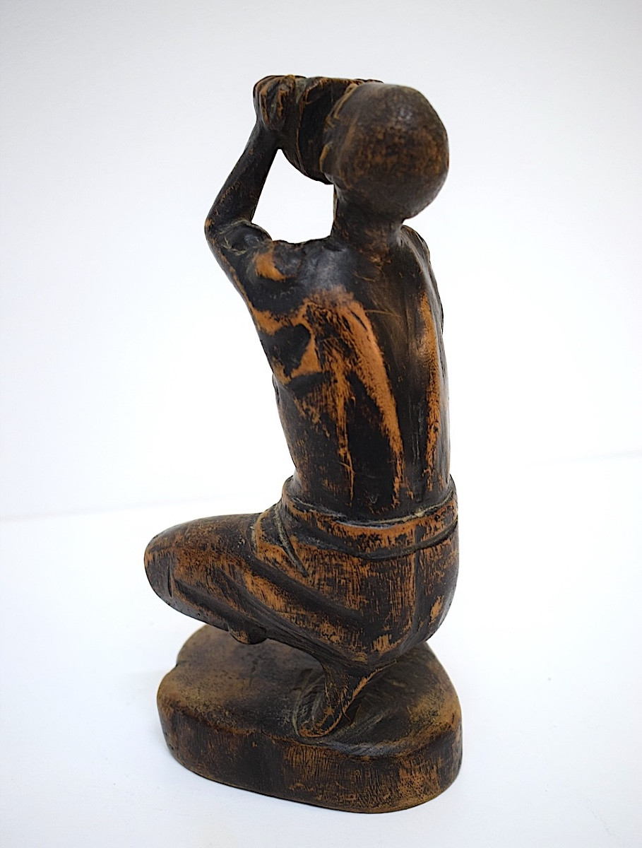 Statue coloniale en bois sculpté homme aux champs art populaire signé ref1159 -photo-2