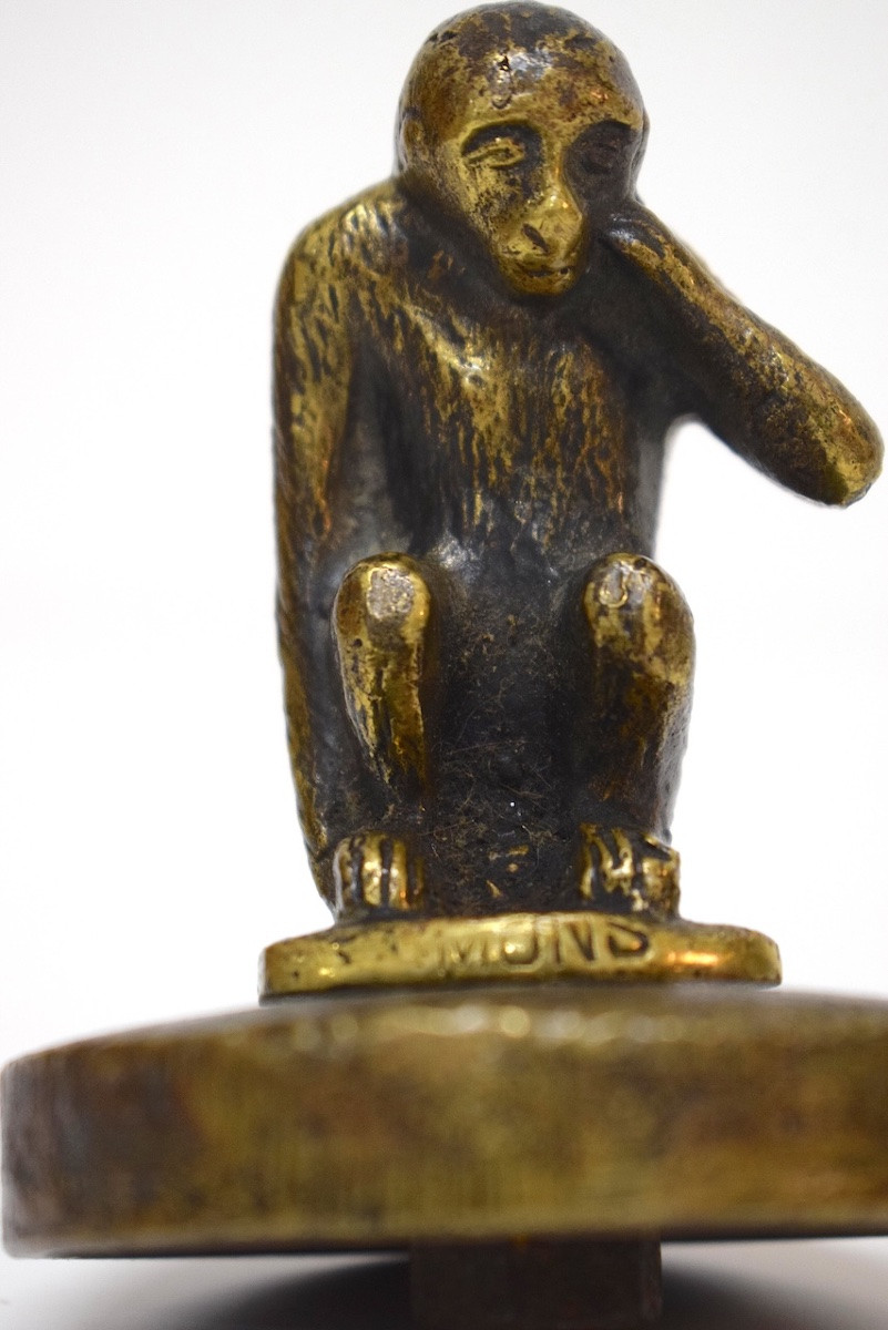 Bronze Car Radiator Cap Mascot With Monkey Design, Signed Ref1163 -photo-2
