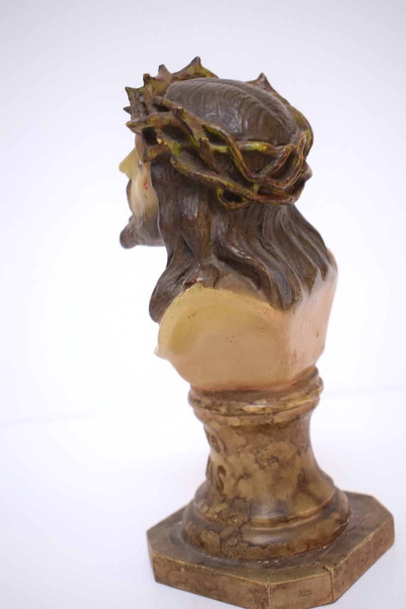 Buste du Christ en terre cuite peinte et  yeux en sulfure  Espagne   ref1165   -photo-4