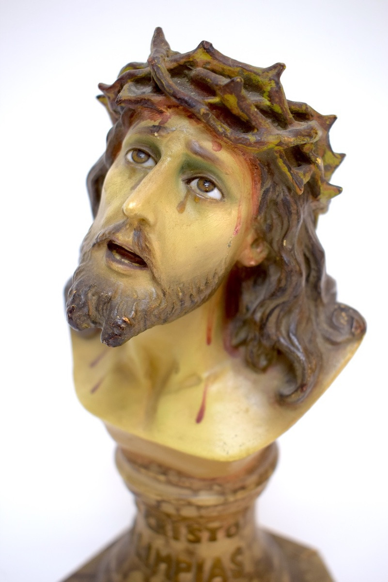 Buste du Christ en terre cuite peinte et  yeux en sulfure  Espagne   ref1165   -photo-6
