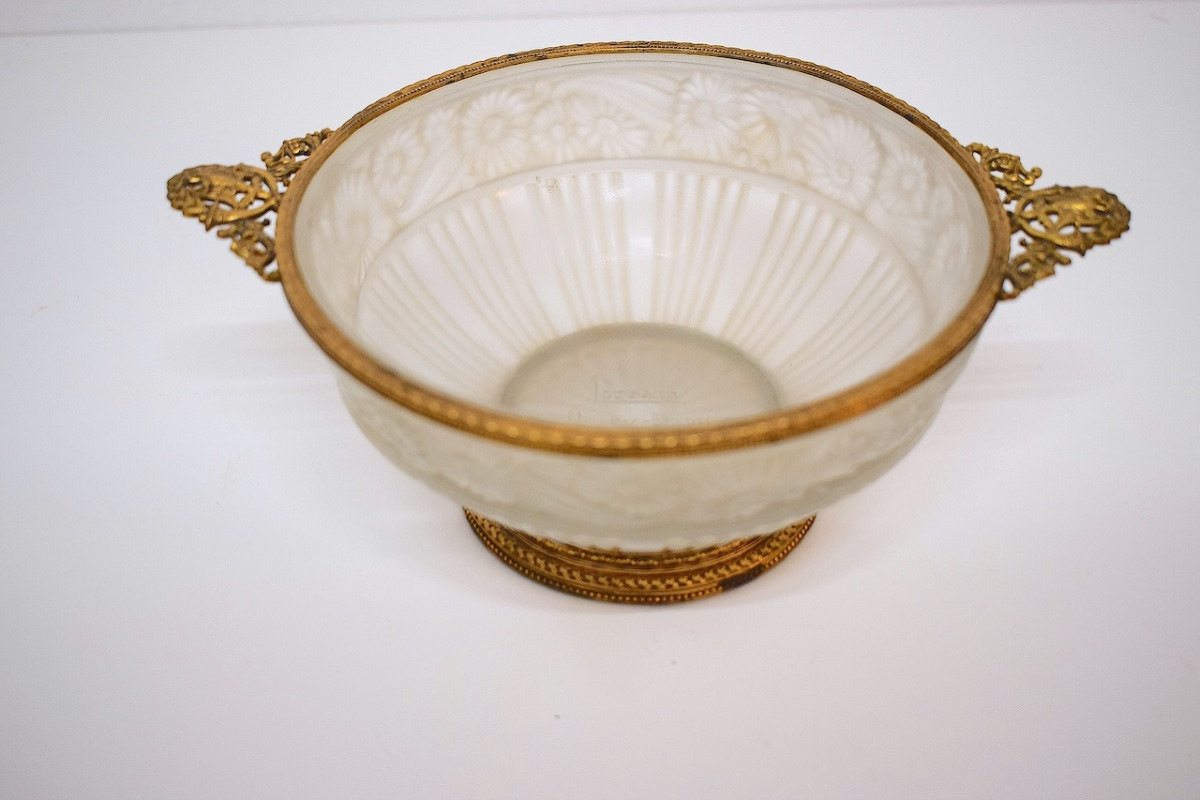 Art Deco Bowl Signed Lorrain Nancy In Pressed Molded Glass Mounted In Gilt Bronze Ref1172 -photo-4