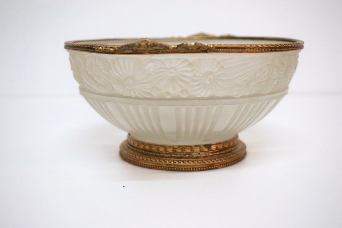 Art Deco Bowl Signed Lorrain Nancy In Pressed Molded Glass Mounted In Gilt Bronze Ref1172 -photo-5