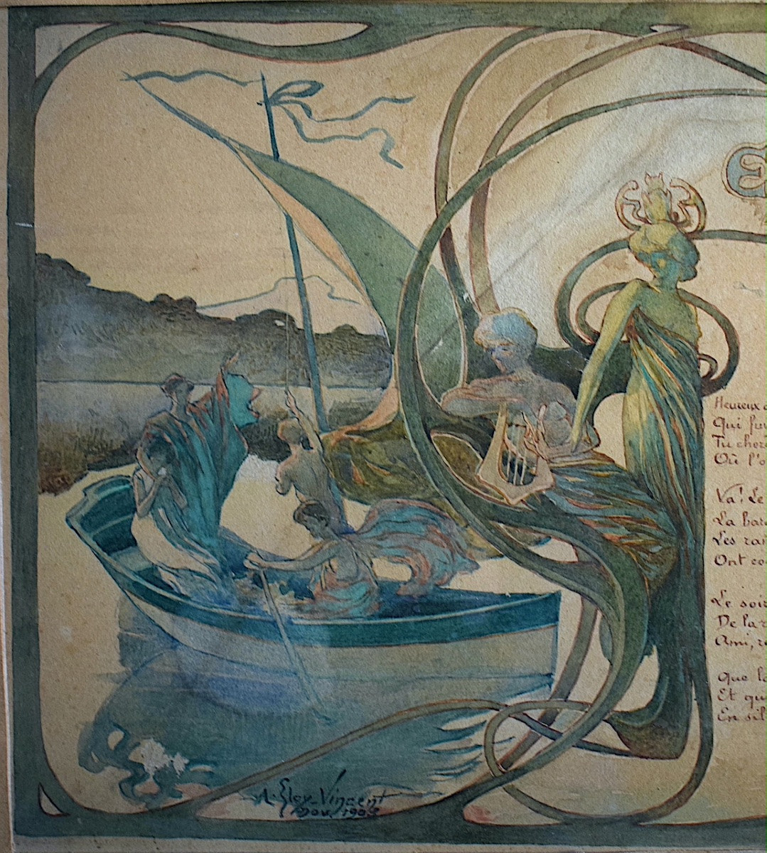 ELOY VINCENT aquarelle épithalame poème embarquement pour cythère mariage Art Nouveau RT1388-photo-4