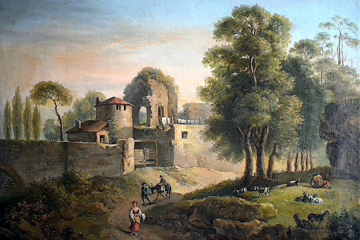 Scène de genre à la campagne Italie  personnages animaux ruine  XIX ème siècle non signé RT1389-photo-2