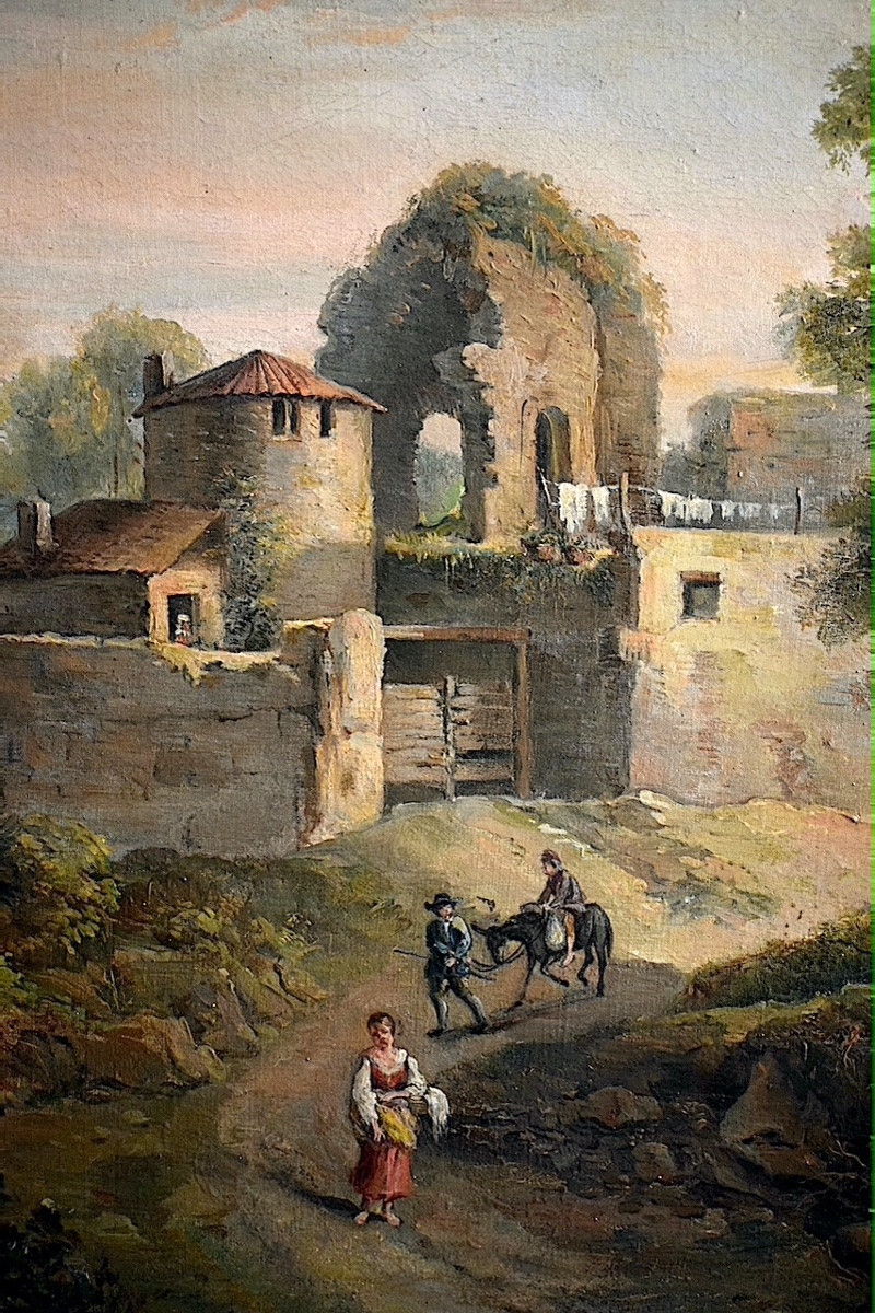 Scène de genre à la campagne Italie  personnages animaux ruine  XIX ème siècle non signé RT1389-photo-3