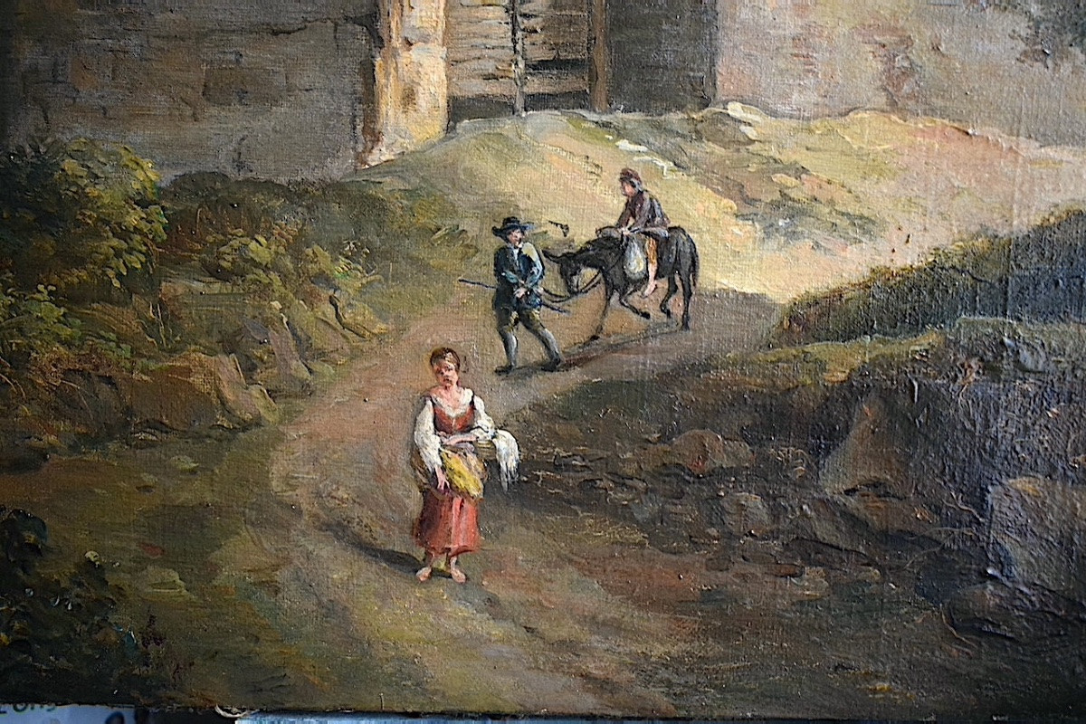 Scène de genre à la campagne Italie  personnages animaux ruine  XIX ème siècle non signé RT1389-photo-4