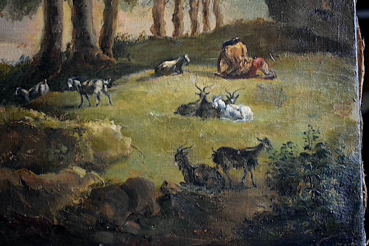 Scène de genre à la campagne Italie  personnages animaux ruine  XIX ème siècle non signé RT1389-photo-1