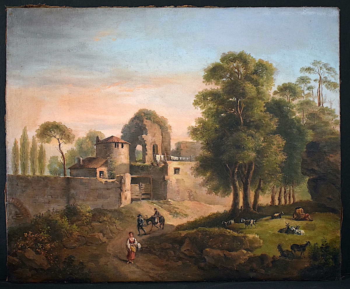 Scène de genre à la campagne Italie  personnages animaux ruine  XIX ème siècle non signé RT1389-photo-5