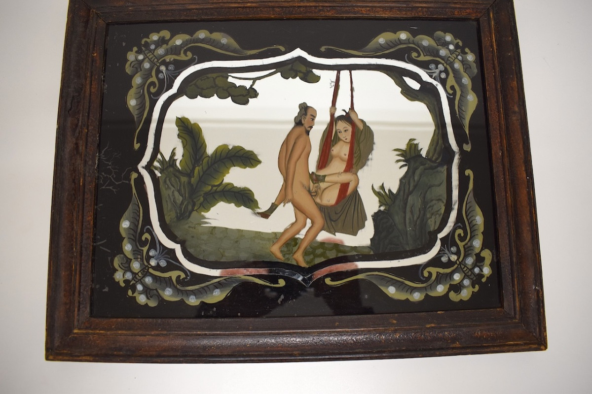 19th Century Chinese Erotic Nude Painted Under Glass, Asian Mirror, Fixed Under Glass, Ref1198 -photo-2