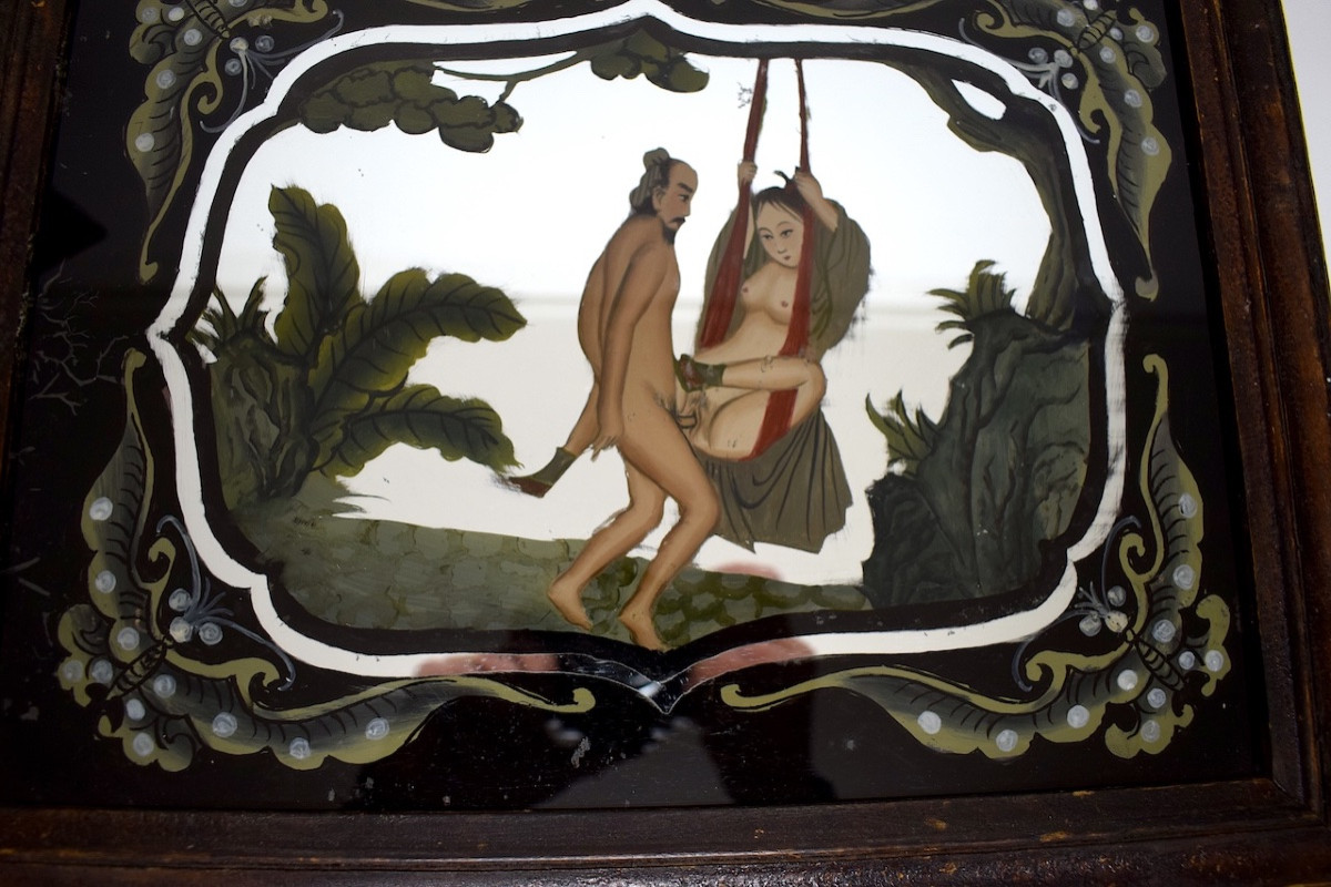 19th Century Chinese Erotic Nude Painted Under Glass, Asian Mirror, Fixed Under Glass, Ref1198 -photo-4
