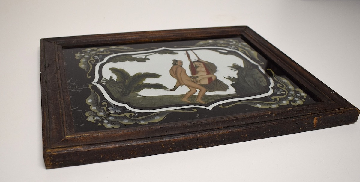 19th Century Chinese Erotic Nude Painted Under Glass, Asian Mirror, Fixed Under Glass, Ref1198 -photo-1