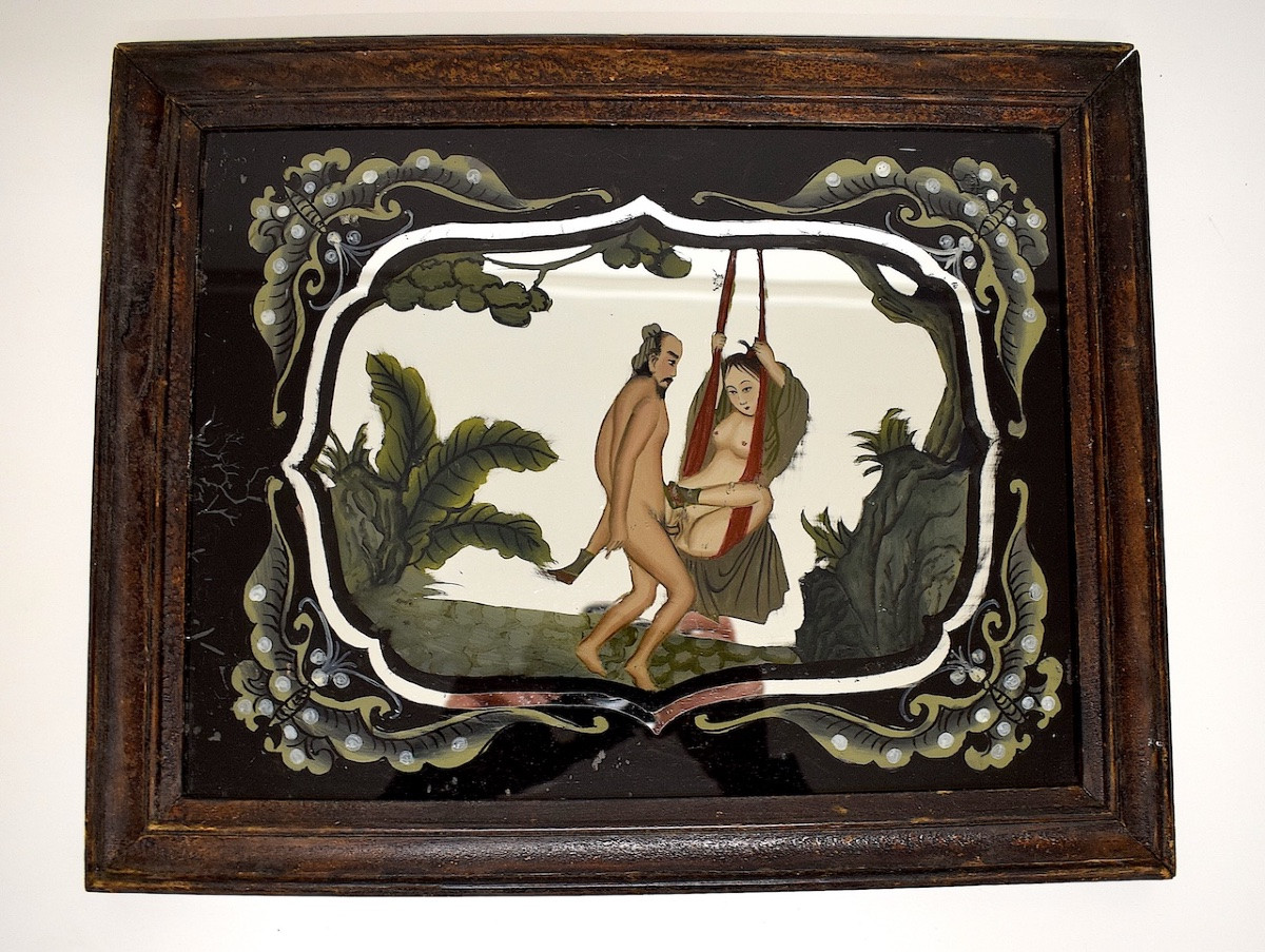 19th Century Chinese Erotic Nude Painted Under Glass, Asian Mirror, Fixed Under Glass, Ref1198 -photo-3