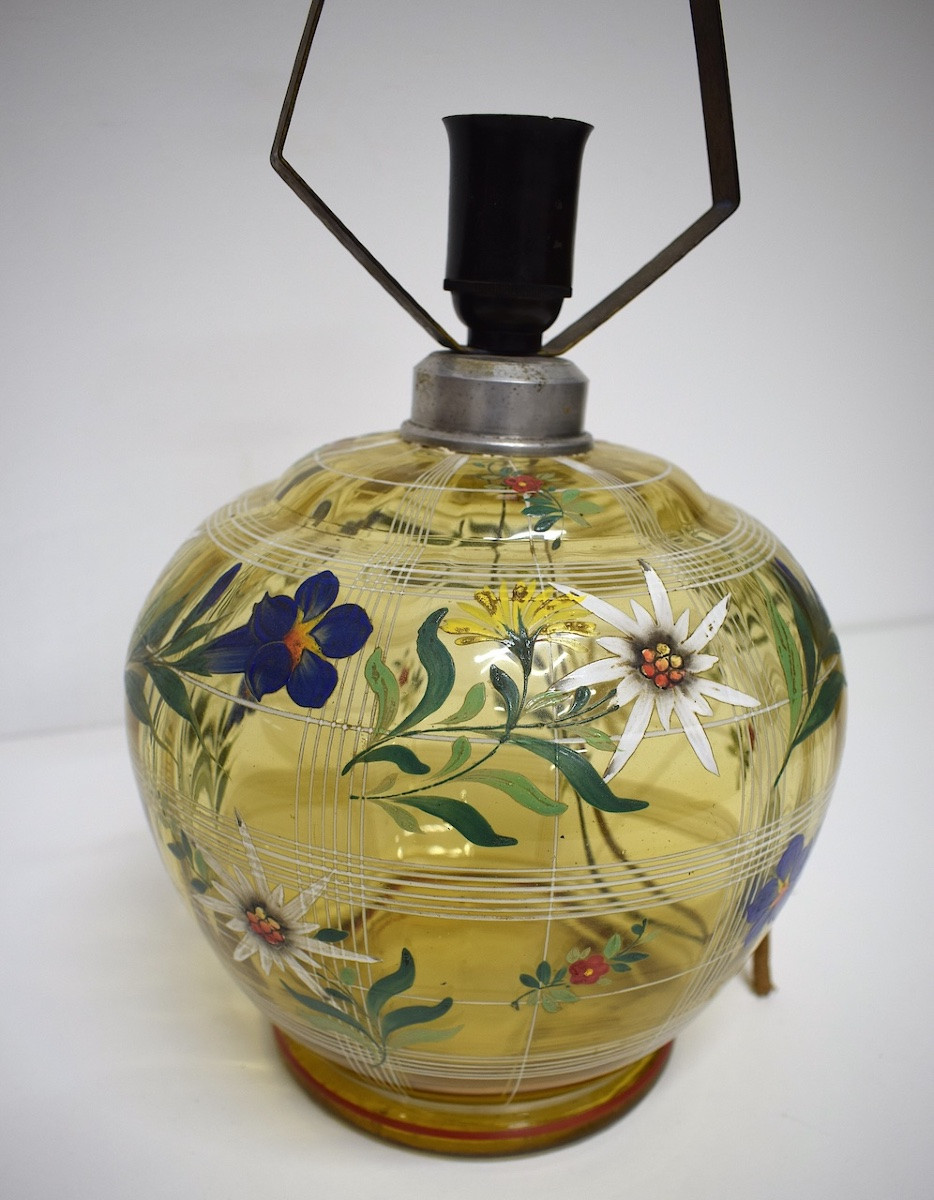 Amber Enameled Glass Globe Lamp With Floral Decoration, Circa 1930-1950, Ref. 1200 -photo-2