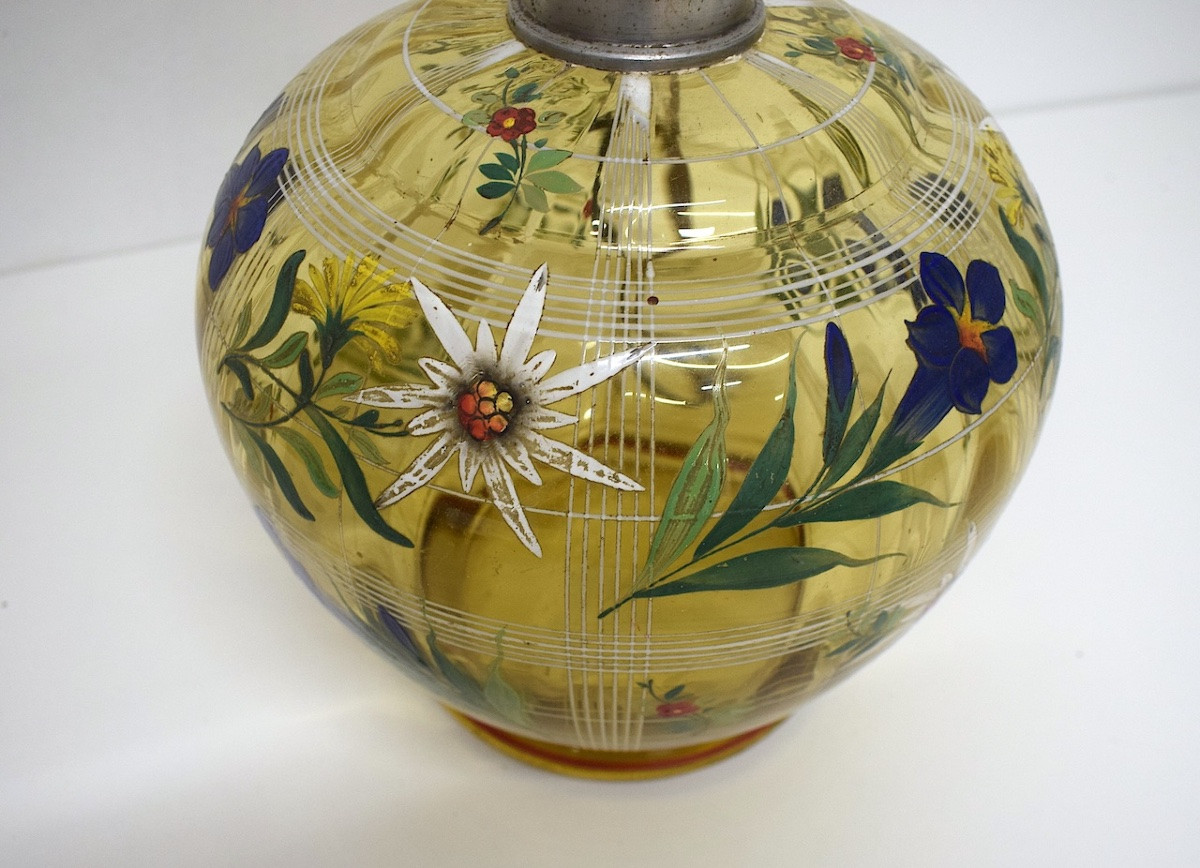 Amber Enameled Glass Globe Lamp With Floral Decoration, Circa 1930-1950, Ref. 1200 -photo-3