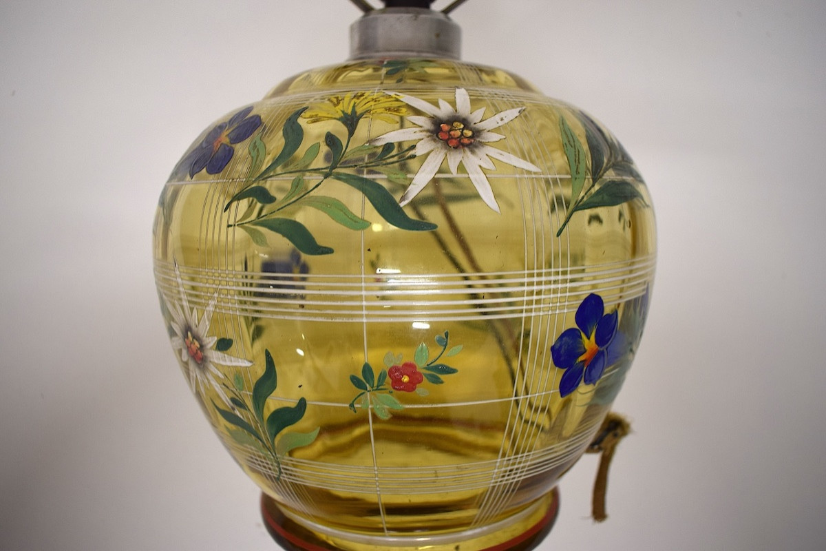 Amber Enameled Glass Globe Lamp With Floral Decoration, Circa 1930-1950, Ref. 1200 -photo-4