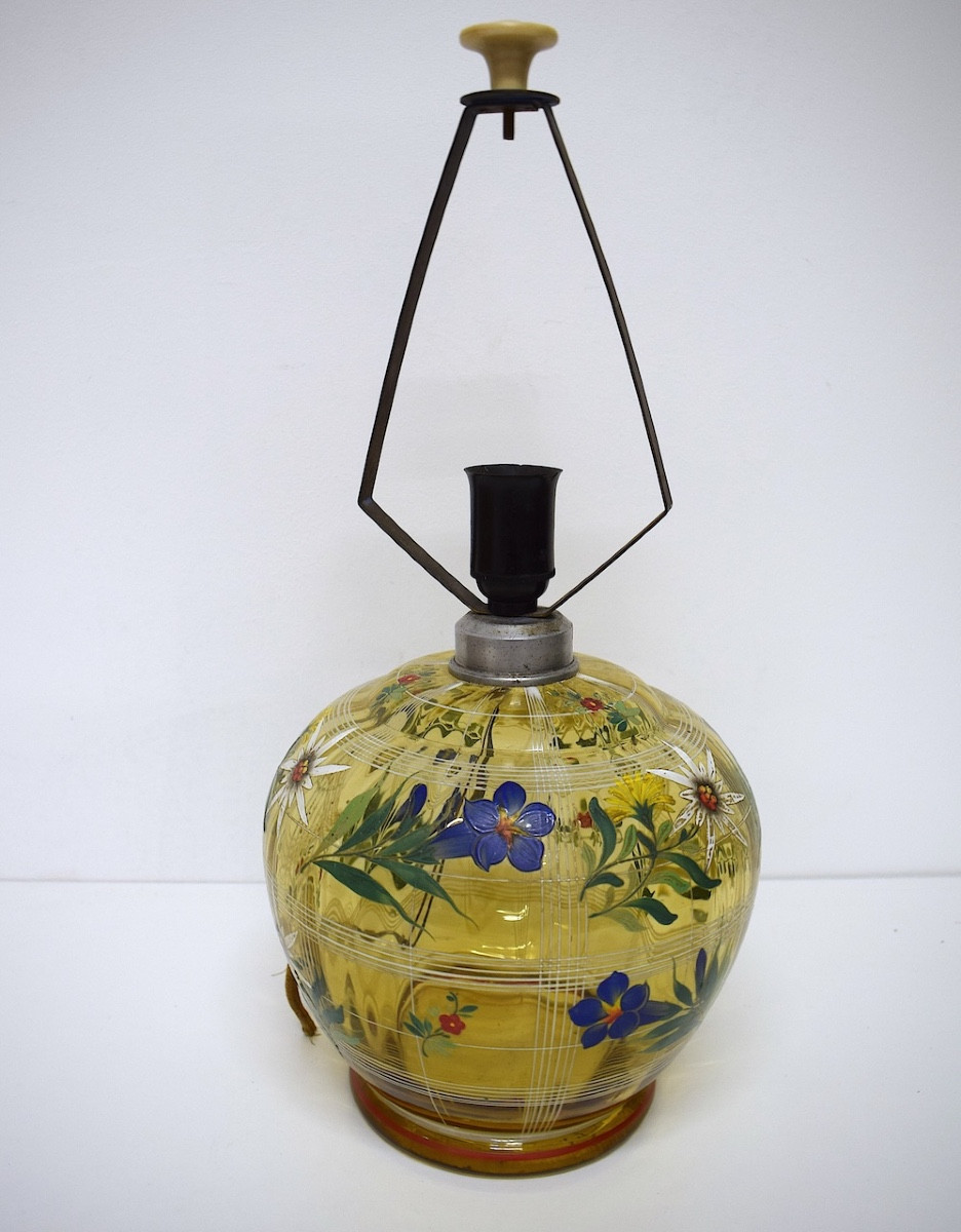 Amber Enameled Glass Globe Lamp With Floral Decoration, Circa 1930-1950, Ref. 1200 