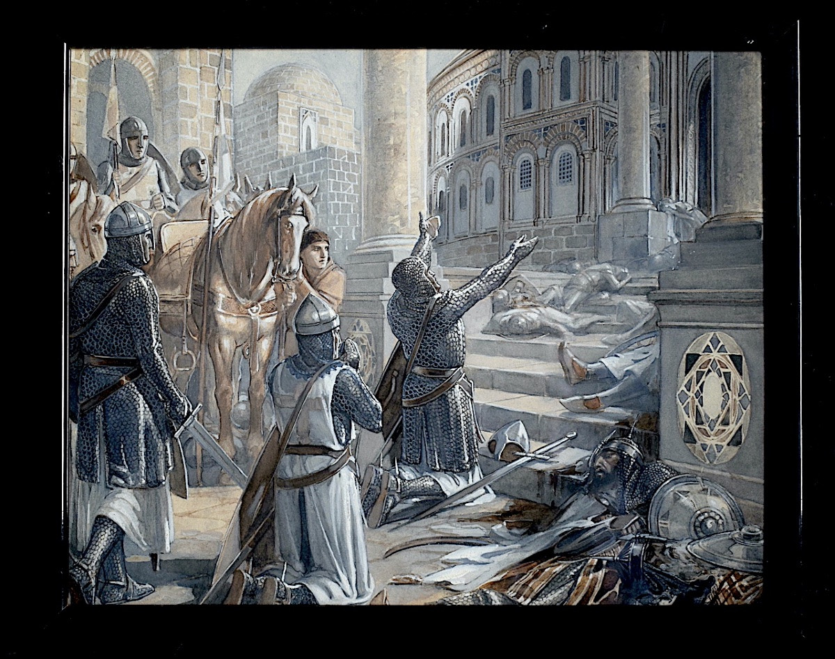 Paire Gouaches moyen âge croisades croisés histoire de l'église XX ème siècle RT1390-photo-2