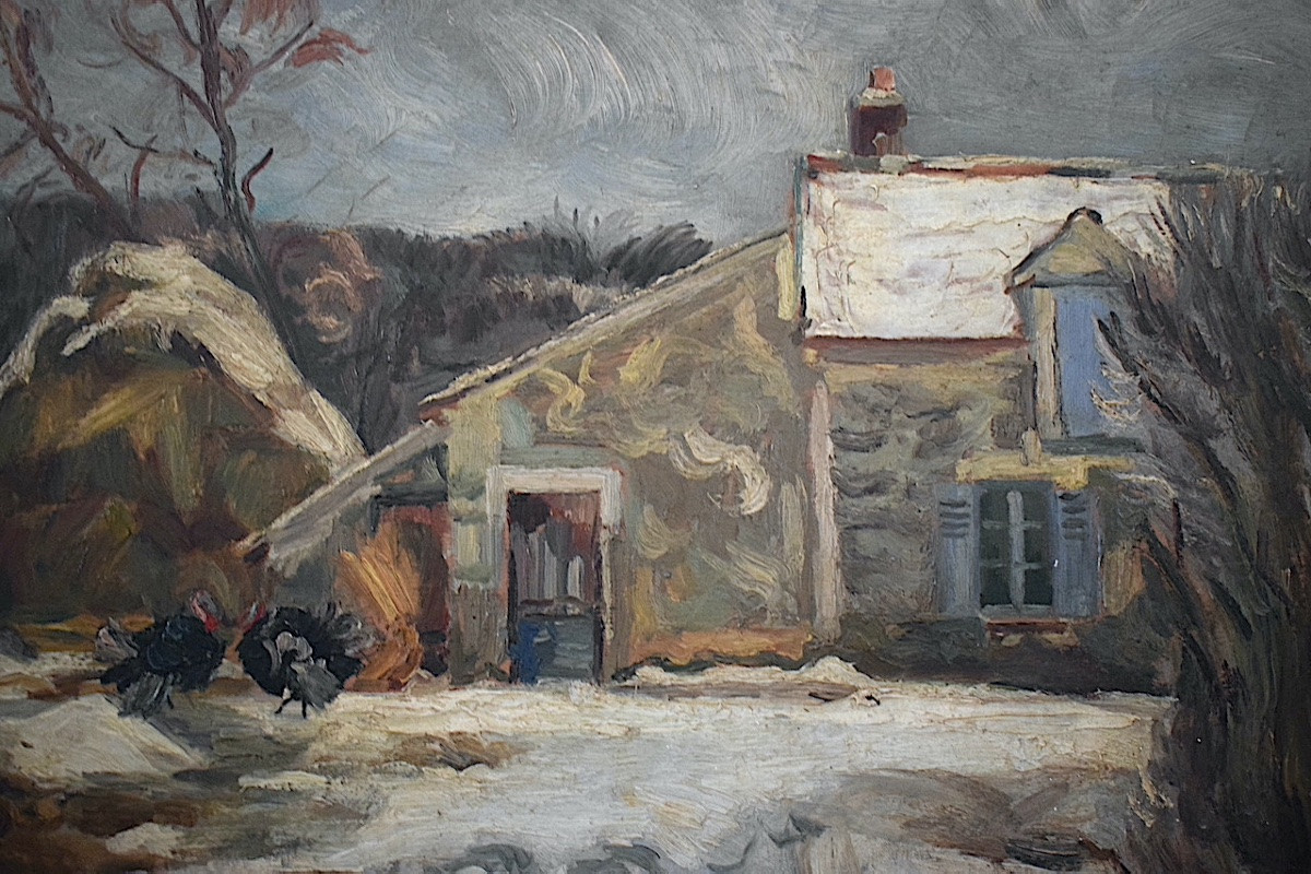 Countryside Landscape With Snow, Signed Jordan, Farmyard, Turkeys, Post-impressionist Rt1396-photo-4