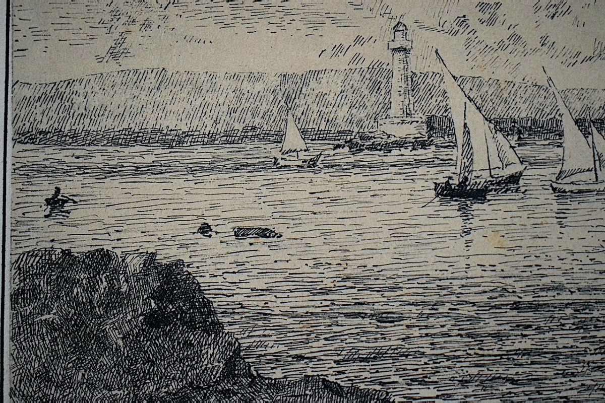 Dessin à la plume monogramme TD marine port bateaux fin XIX ème RT1397-photo-3