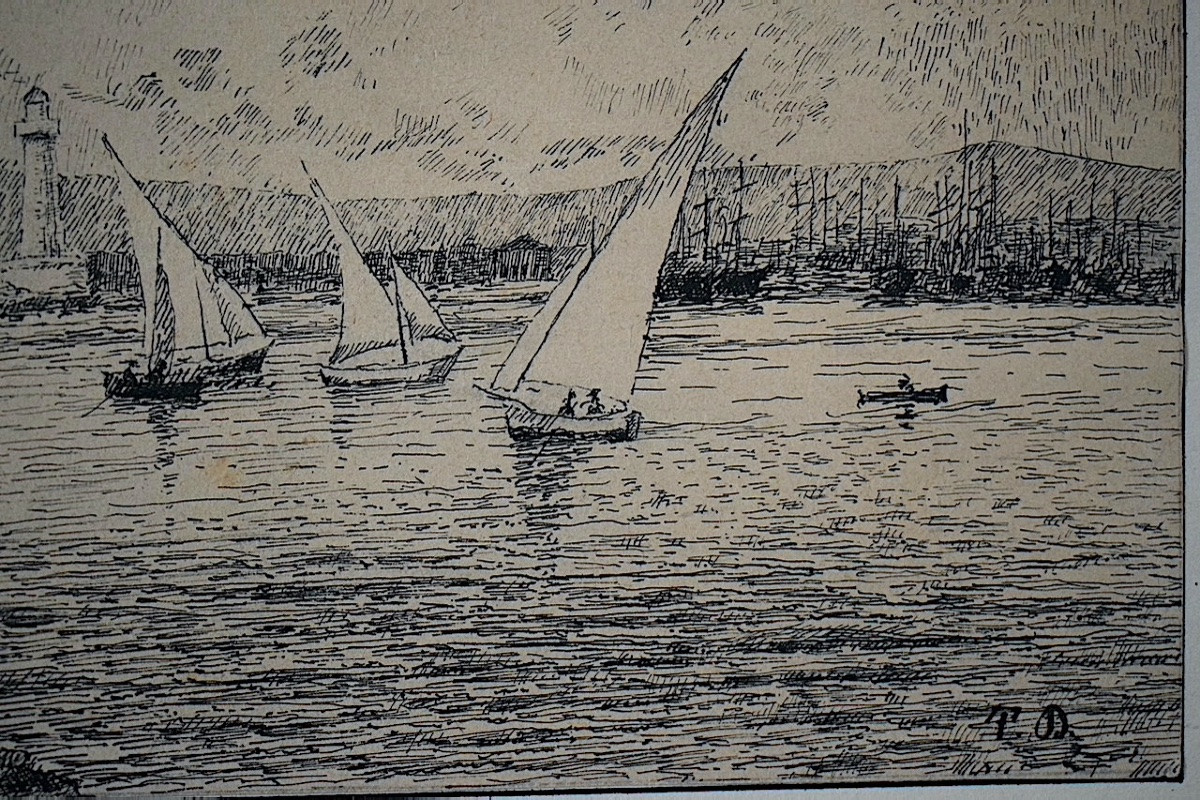 Dessin à la plume monogramme TD marine port bateaux fin XIX ème RT1397-photo-1