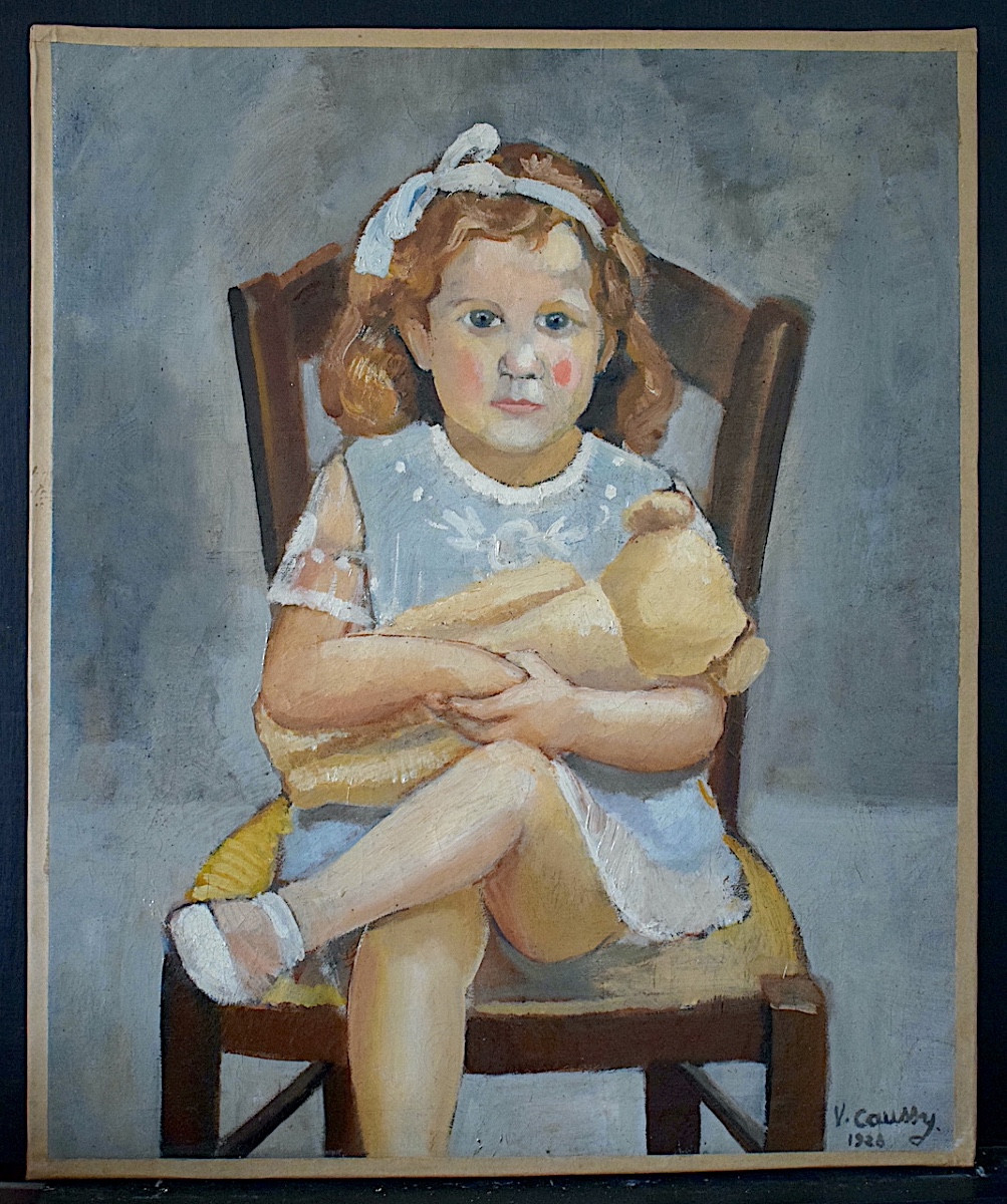 Portrait enfant fillette au nounours signé CAUSSY ou COUSSY daté 1928 RT1399